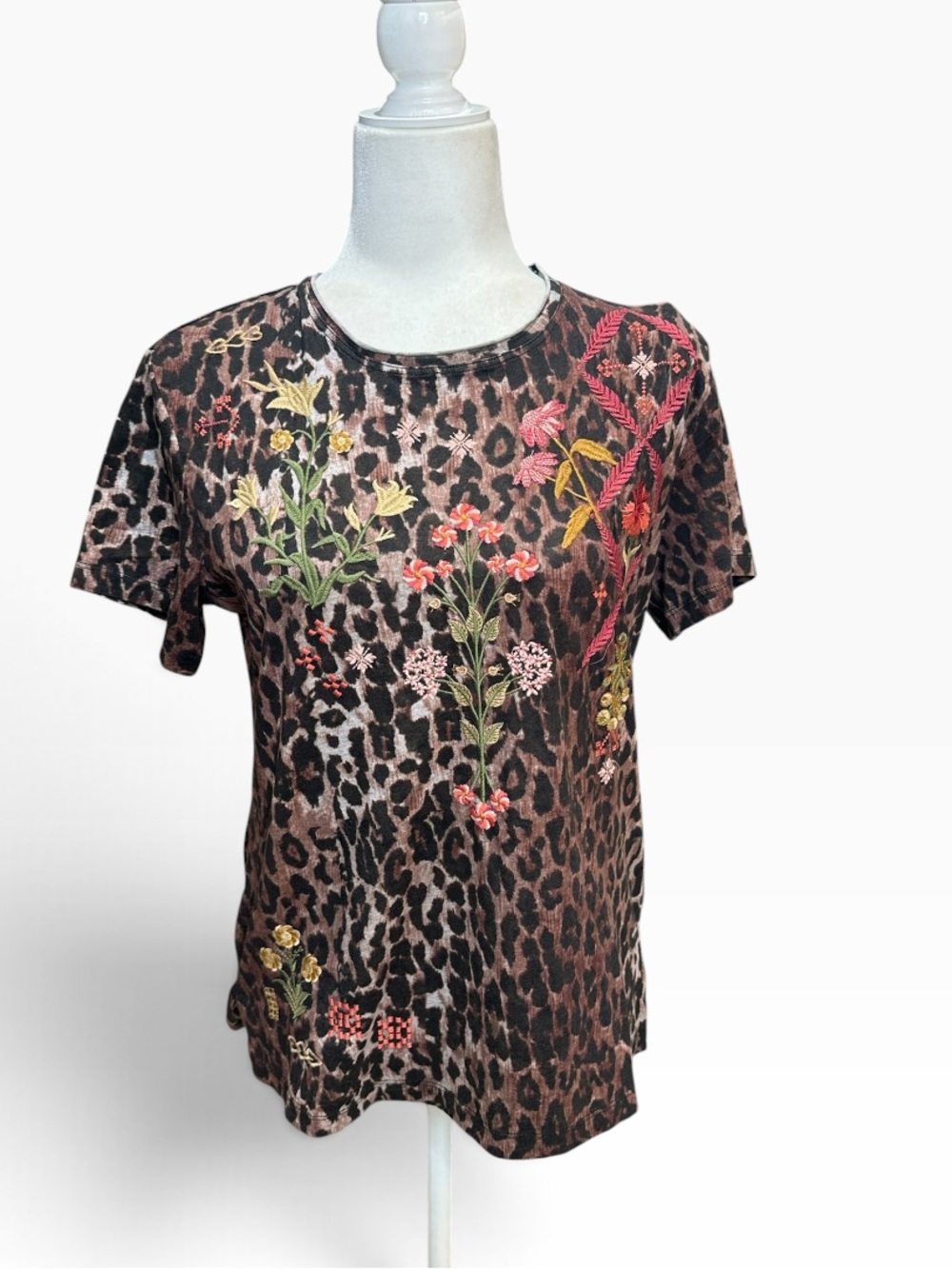 Johnny Was Leopard Print Short Sleeve Tee with Floral Embroidery - Brown